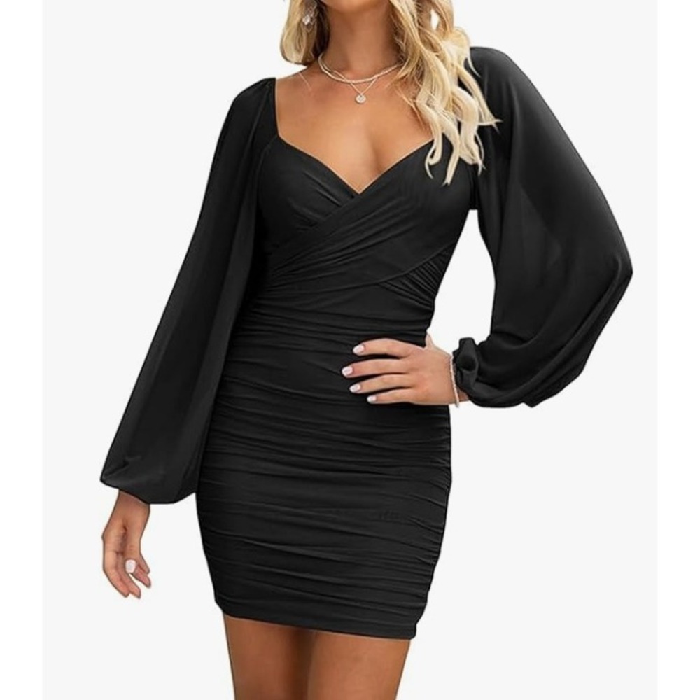 BTFBM Ruched Bodycon Dress Women XL Black Mesh Long Sleeve Cross V Neck - Picture 4 of 4